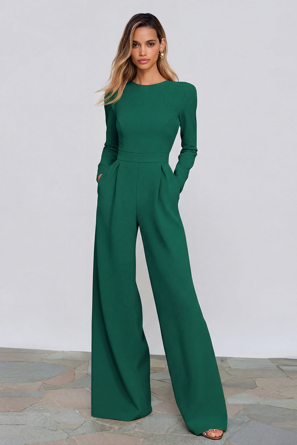 Chic Long-Sleeve Waist-Cinching Wide-Leg Jumpsuit