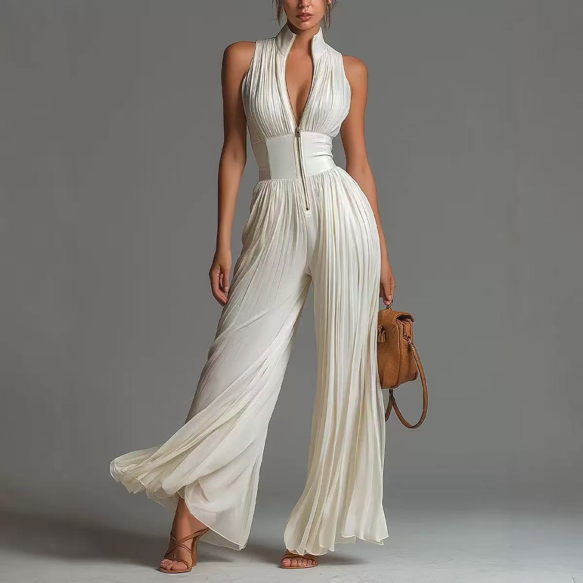 Floral Print Halterneck Pleated Jumpsuit with Side Slit