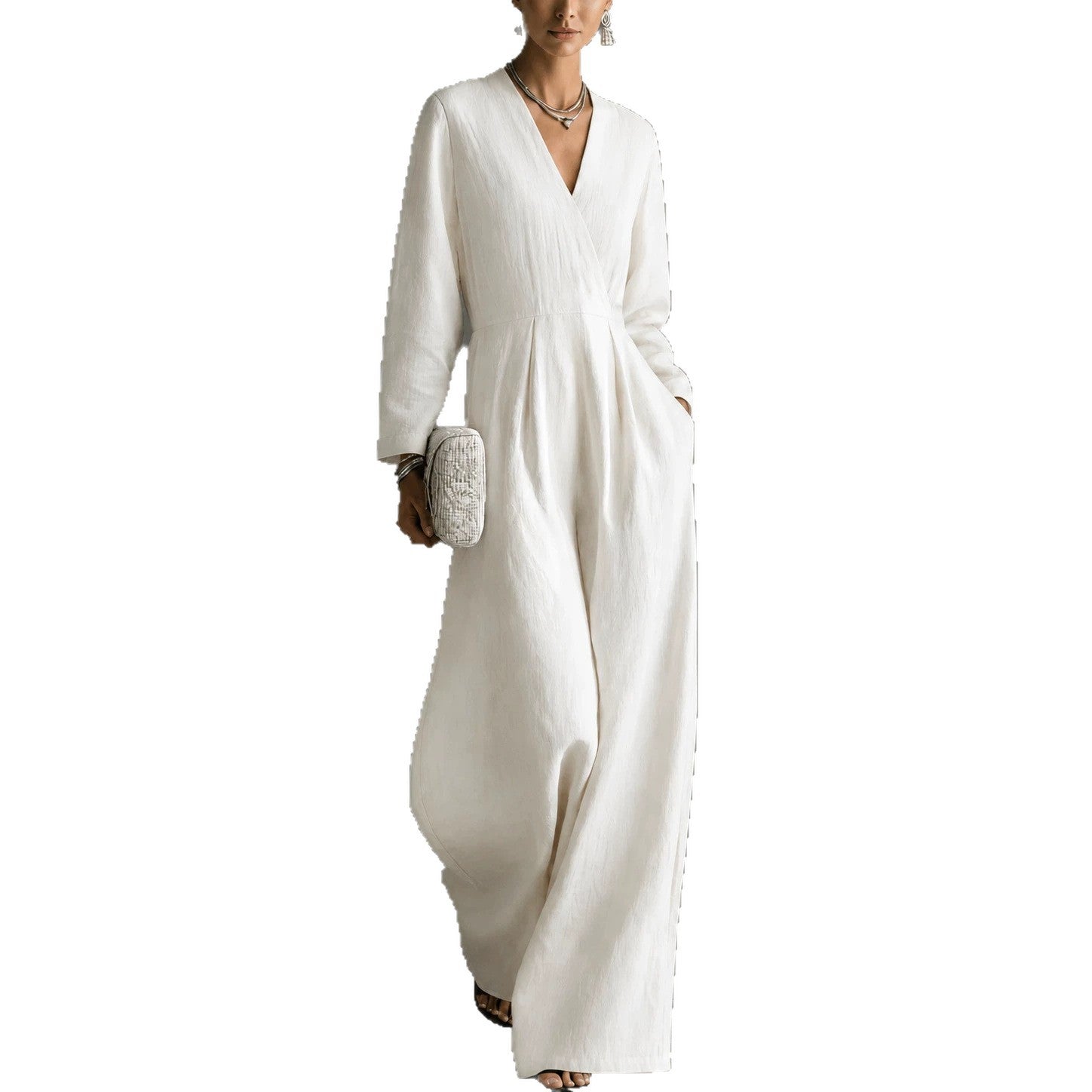 Chic V-Neck Long-Sleeve Wide-Leg Jumpsuit