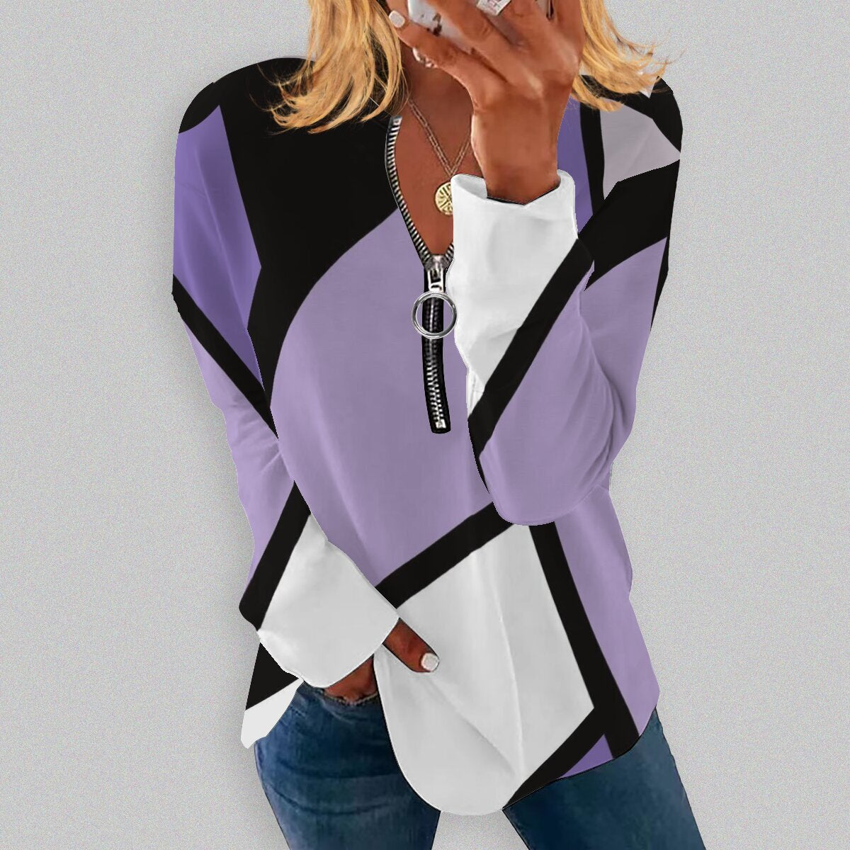 Geometric Print Retro Long-Sleeve Zip Pullover