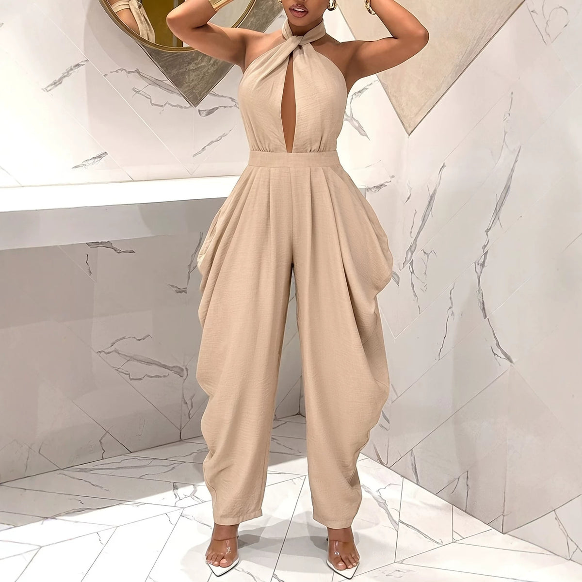 Halter-neck Crossover Backless Jumpsuit With Pleated Wide-leg Harem Pants