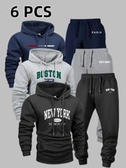 6pcs Men's Sportswear And Pants Set, Fashionable Street Style City Name Printed Sportswear for Autumn And Winter Outdoor Fitness Jogging Casual Wear, Soft, Warm And Comfortable Hooded Shirt And Pan...