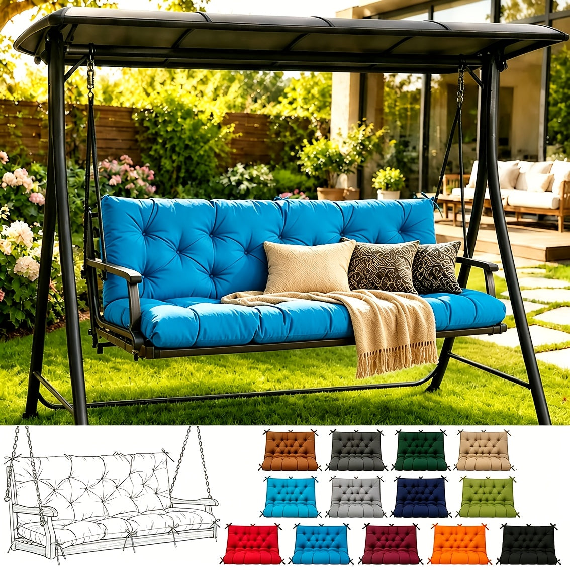 Porch Swing Cushions, Outdoor Replacement Cushions with Backrest, Waterproof Bench Cushion with Ties, for Patio Porch Garden Backyard, 5In 60 Inch 3 Seater, Sky Blue 60 X 40In 47 X 40In 40 X 40In