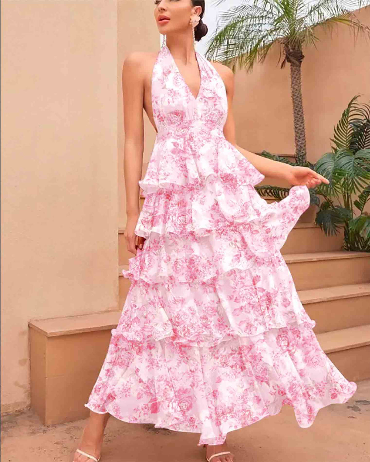Womens V-neck Strap Multi-layer Printed Dress