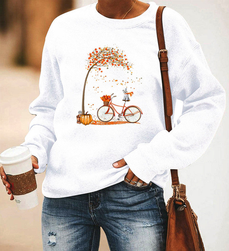 Women's Bicycle Print Fleece Long Sleeve Crew Neck Sweater