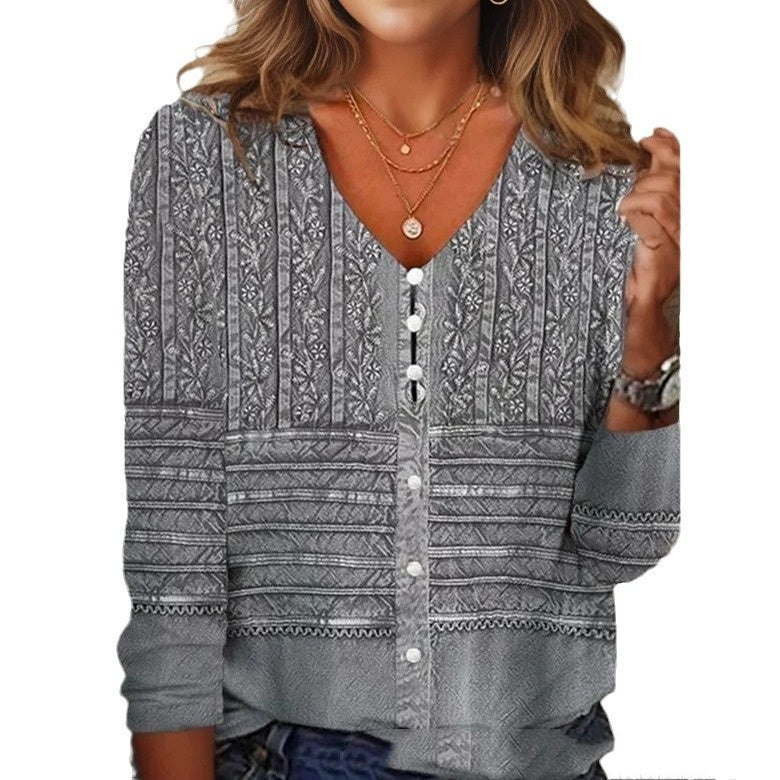 Spring And Autumn New Pattern Print V-neck Top