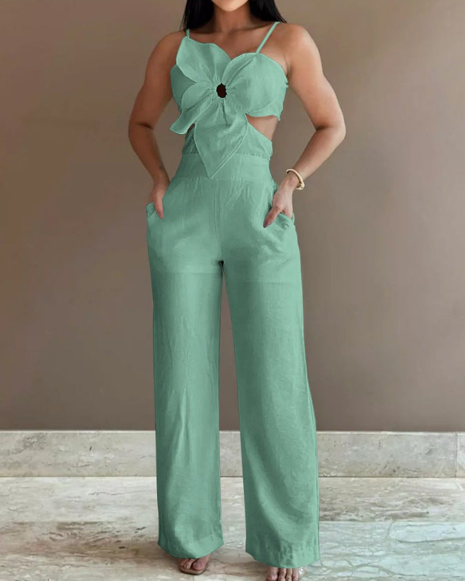 Chic White Floral 3D Sling Romper & One-Piece Trousers