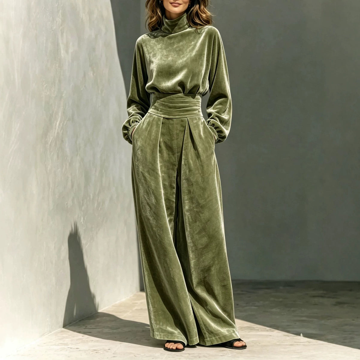 Velvet Turtleneck Belted Wide-Leg Jumpsuit