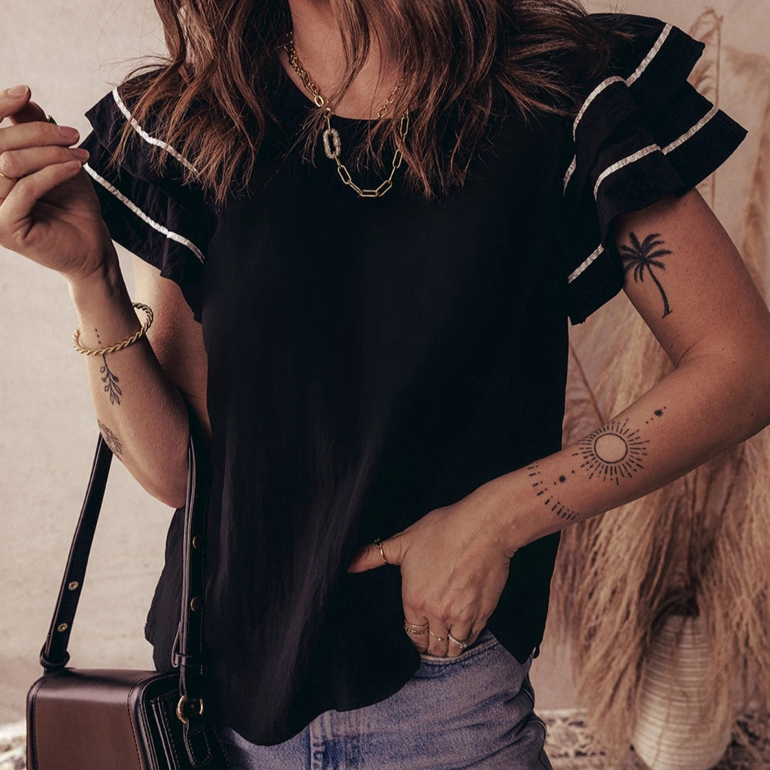 Black Ruffle Short-Sleeve Blouse – Textured Contrast Trim