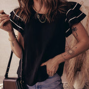 Black Ruffle Short-Sleeve Blouse – Textured Contrast Trim