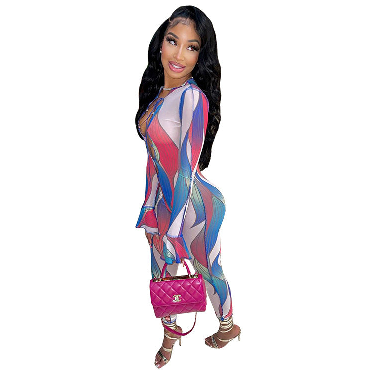 Women's Chic Printed Long-Sleeve Jumpsuit