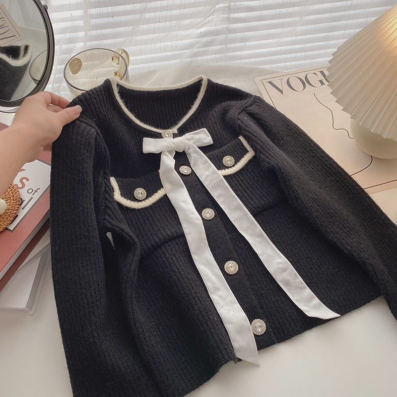Retro Bow Diamond Cardigan French Short Top