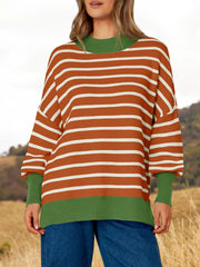 European and American Contrasting Round Neck Striped Long Sleeved Pullover Sweater for Women's Casual Loose Knit Sweater