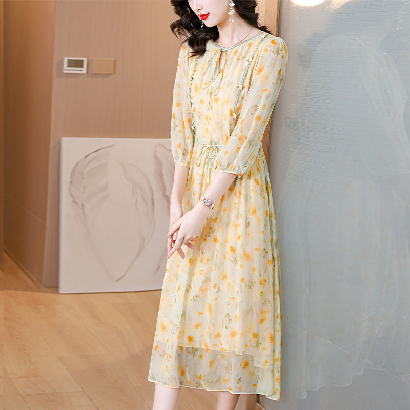 Women's Elegant Floral Mulberry Silk Midi Skirt