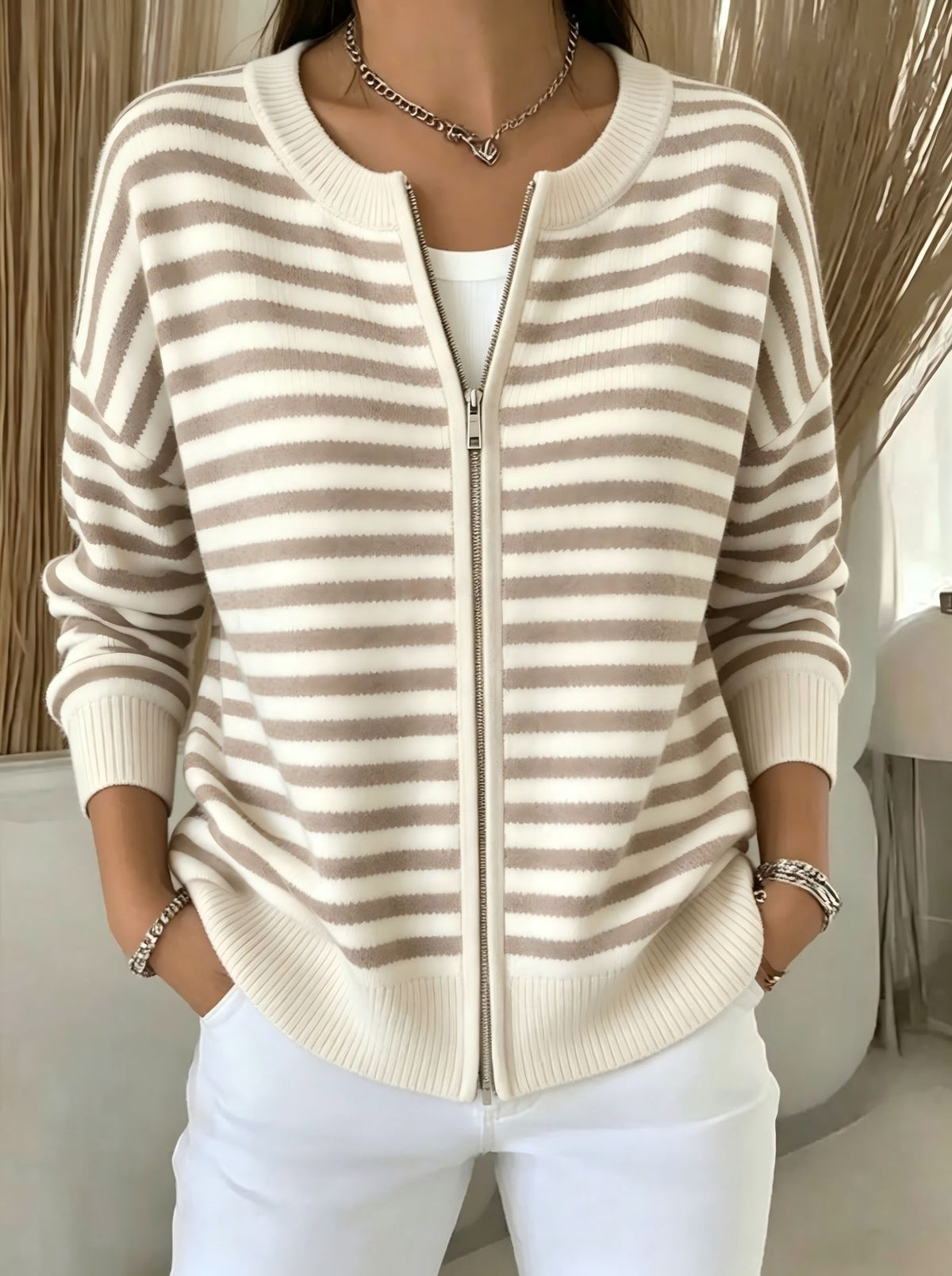 Womens Striped Knitted Cardigan with Zipper
