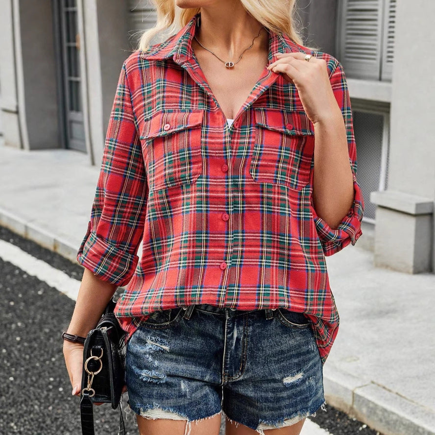 In-stock Womens Loose-fitting Long-sleeve Pocket Shirt