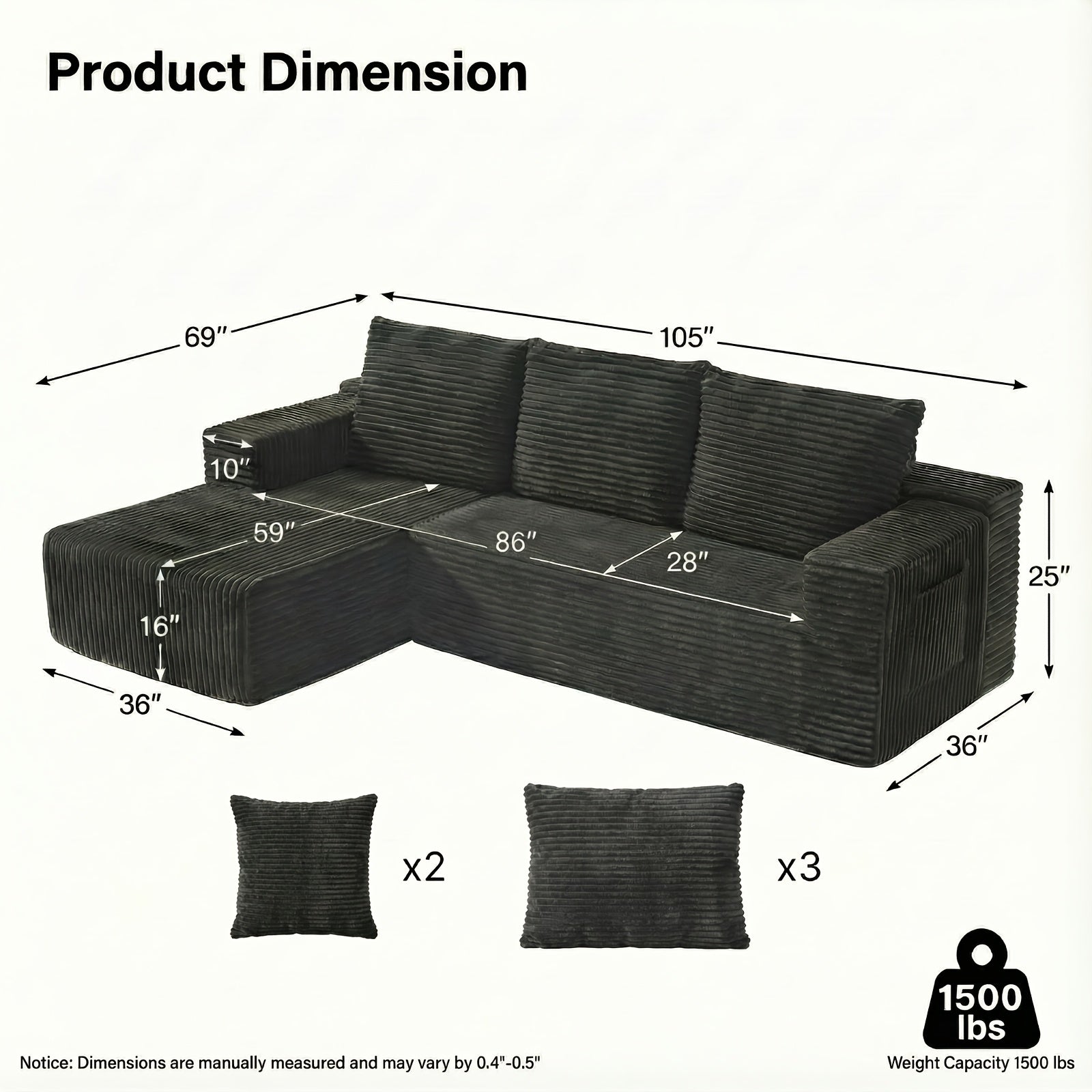 Modular L-shaped chaise longue sofa bed with deep seat and corduroy upholstery