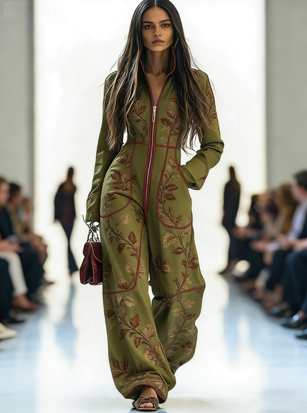 Zippered Long-Sleeve Casual Wide-Leg Jumpsuit