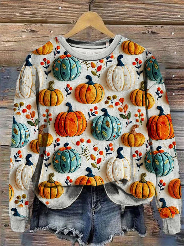 Women's Festive Pumpkin Print Crewneck Sweatshirt