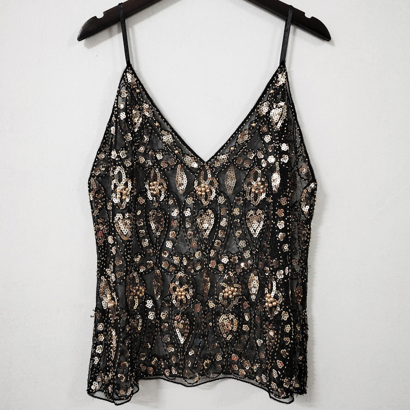 Sleek Sequined V‑Neck Sling Vest – Slimming Summer Mesh Top