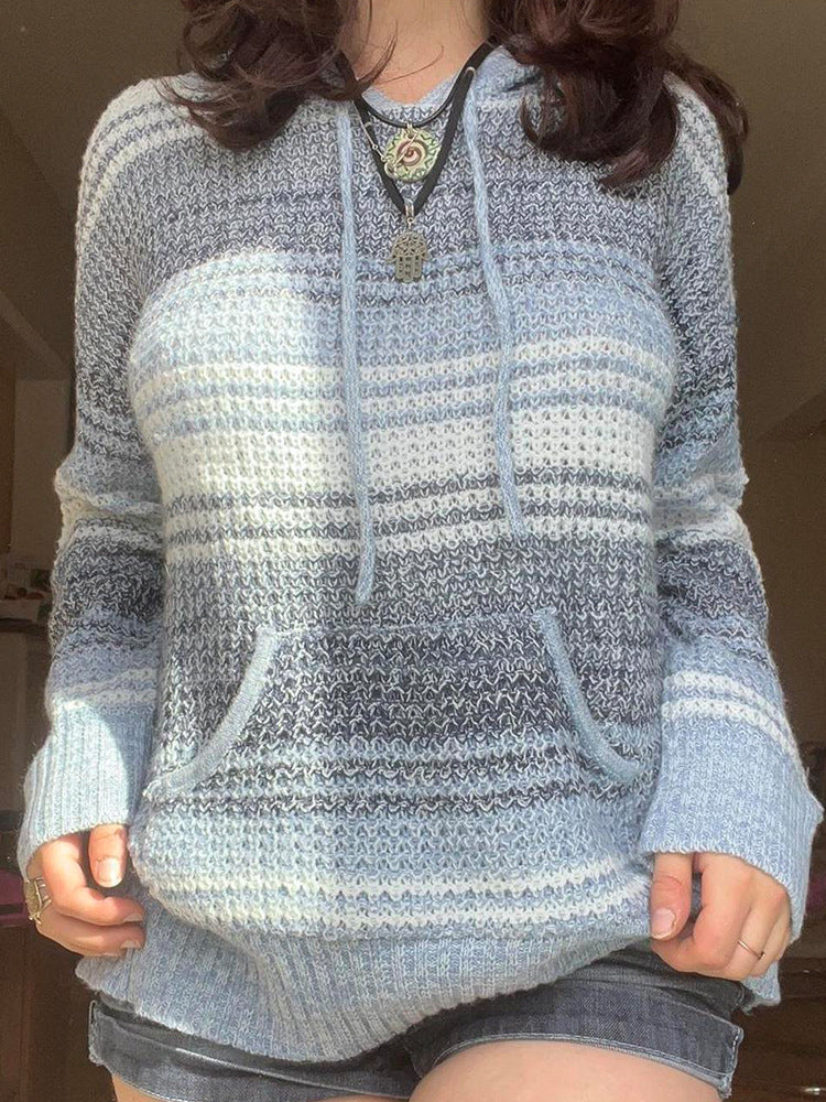 European And American Women's New Hooded Stripe Casual Knitwear