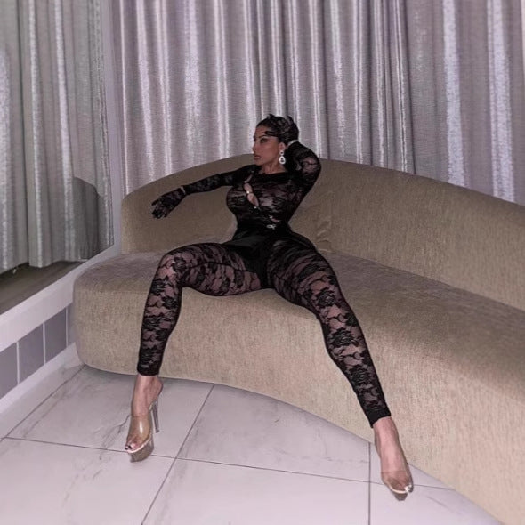 Seductive Lace Cutout See-Through Long Sleeve Bodysuit