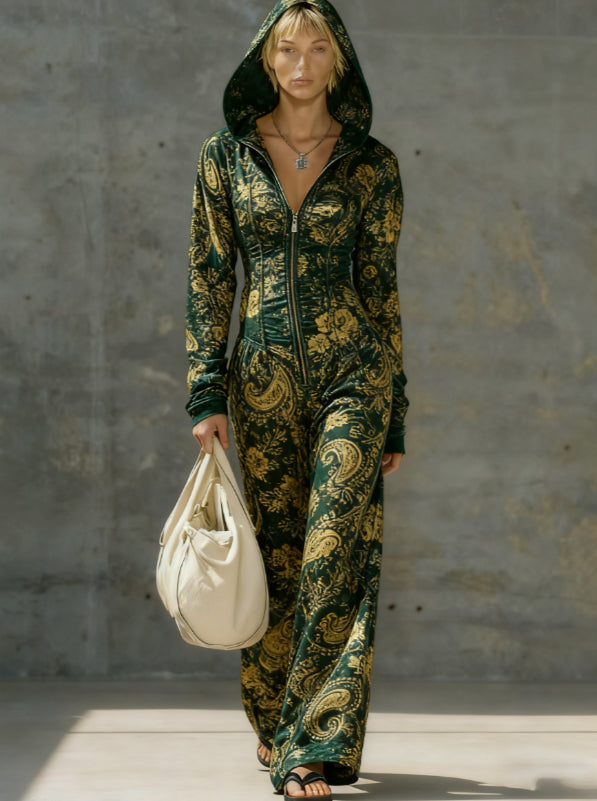 Printed Casual Hooded Zip-Up Slim-Fit Jumpsuit
