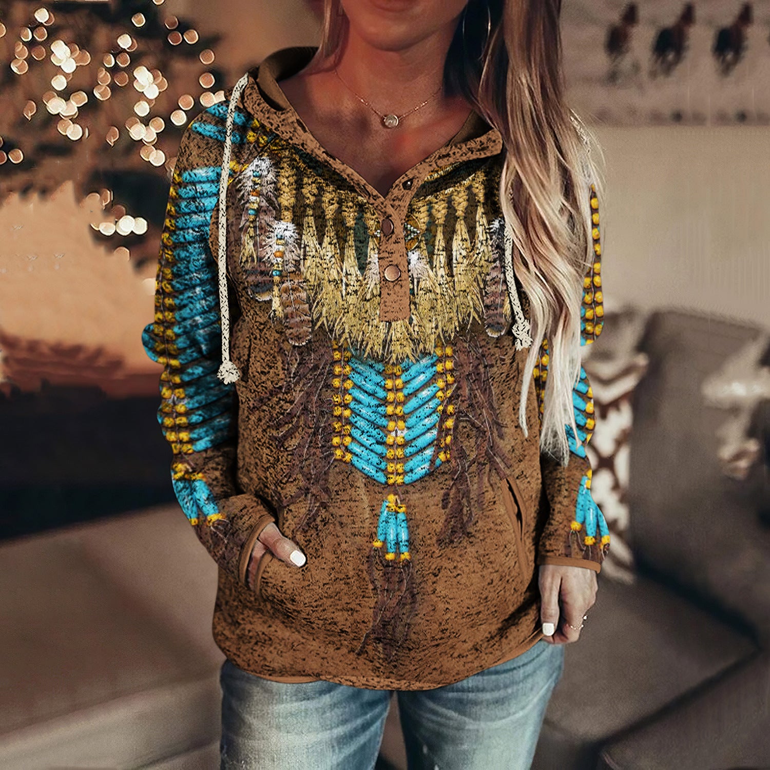 Retro Animal Nature Print Button Hoodie