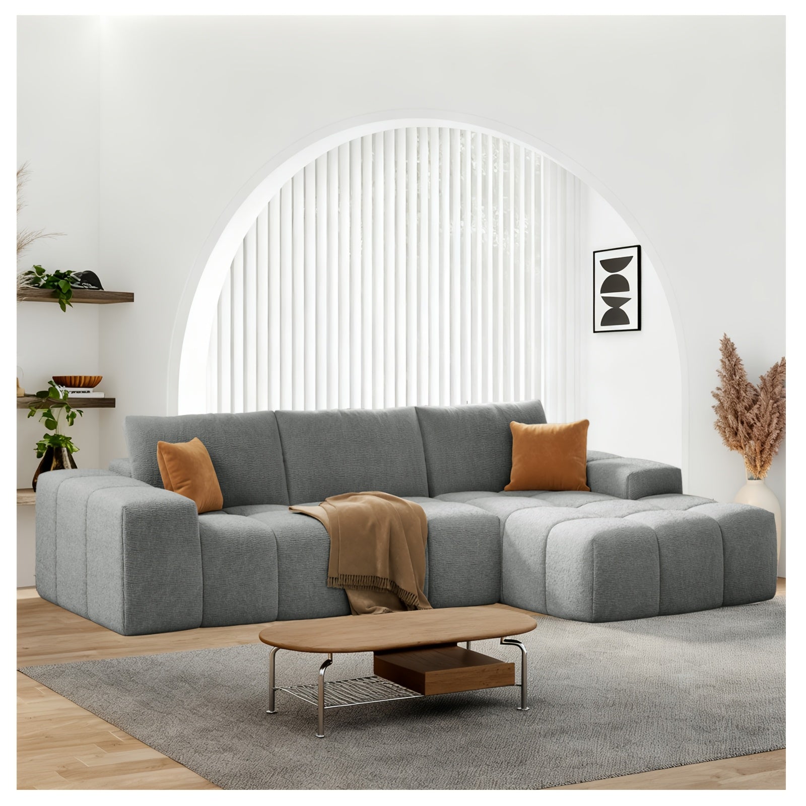 Modular L-shaped chaise longue sofa bed with deep seat and corduroy upholstery