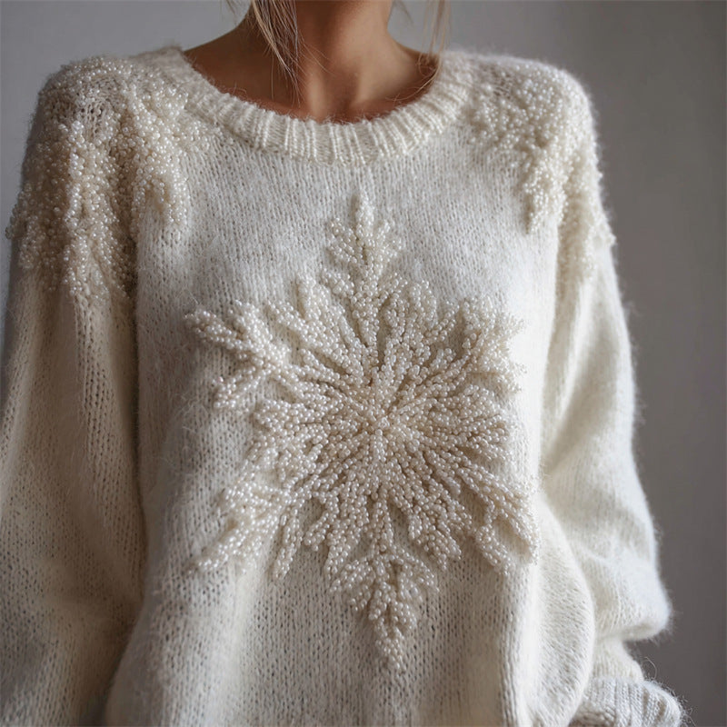 Womens Loose-fitting Pullover Sweater with a Round Neck and Floral Print