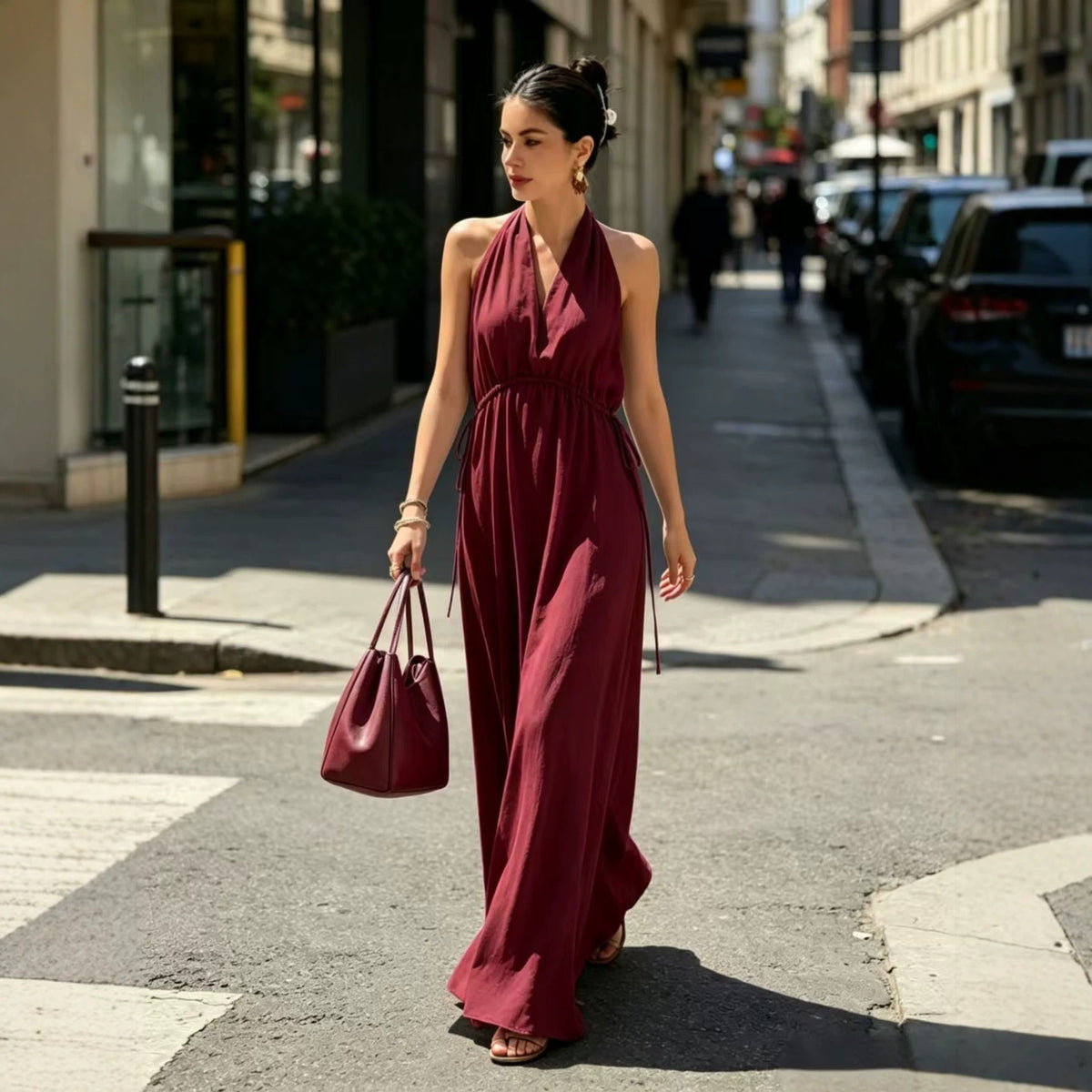 Halter Neck Sleeveless Waist-Cinched Maxi Vacation Dress