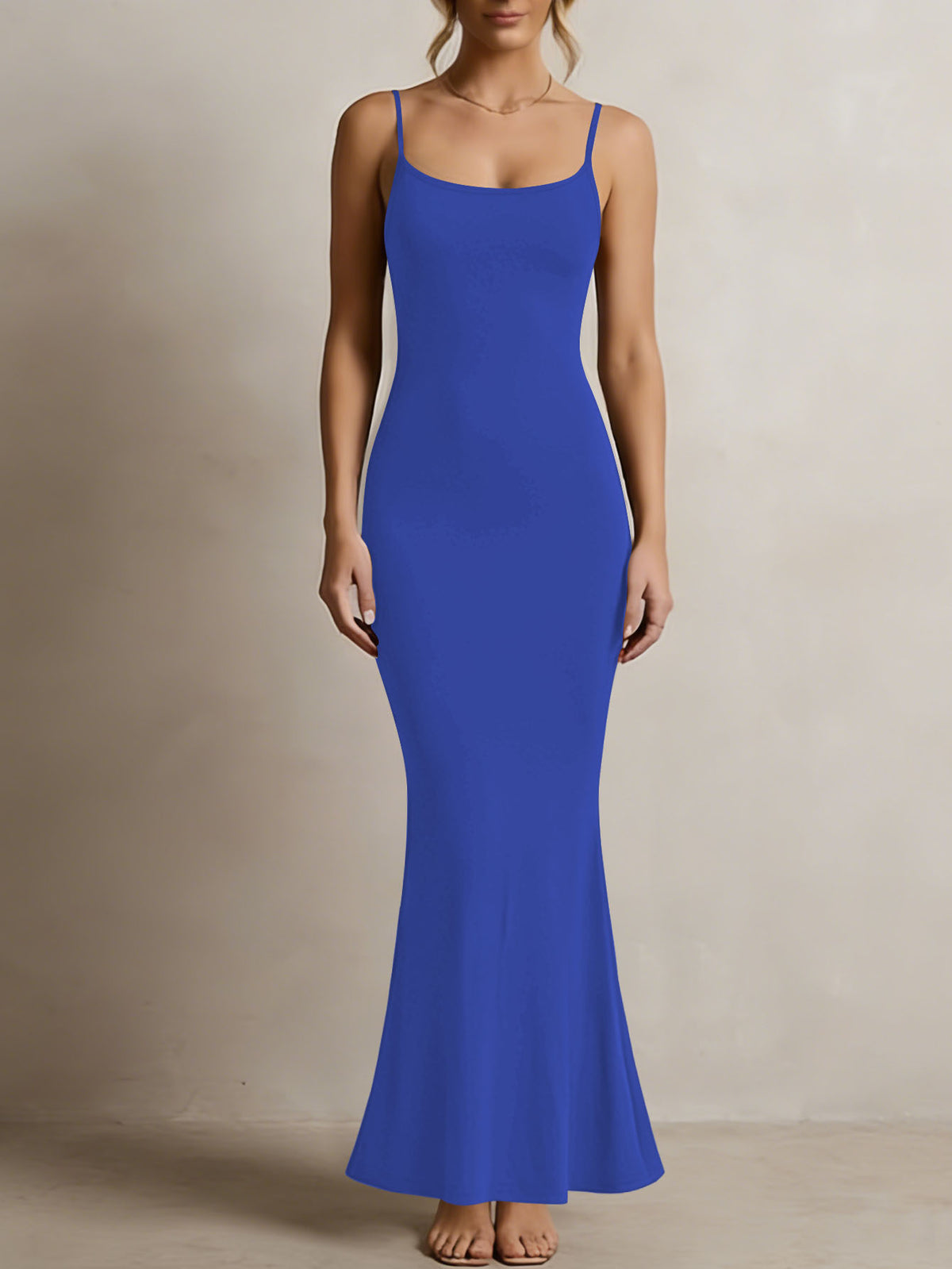 Women's Solid Color Spaghetti Strap Square Neck Bodycon Maxi Dress, Elegant Sleeveless Mermaid Evening Dress Summer Dress for Women