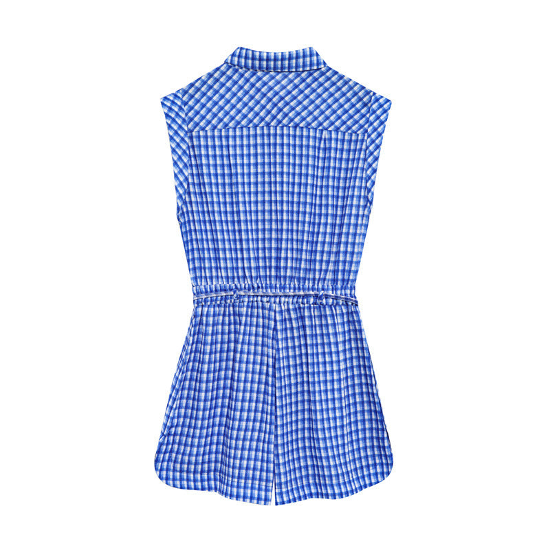 Chic Plaid Lapel Sleeveless Romper Shorts