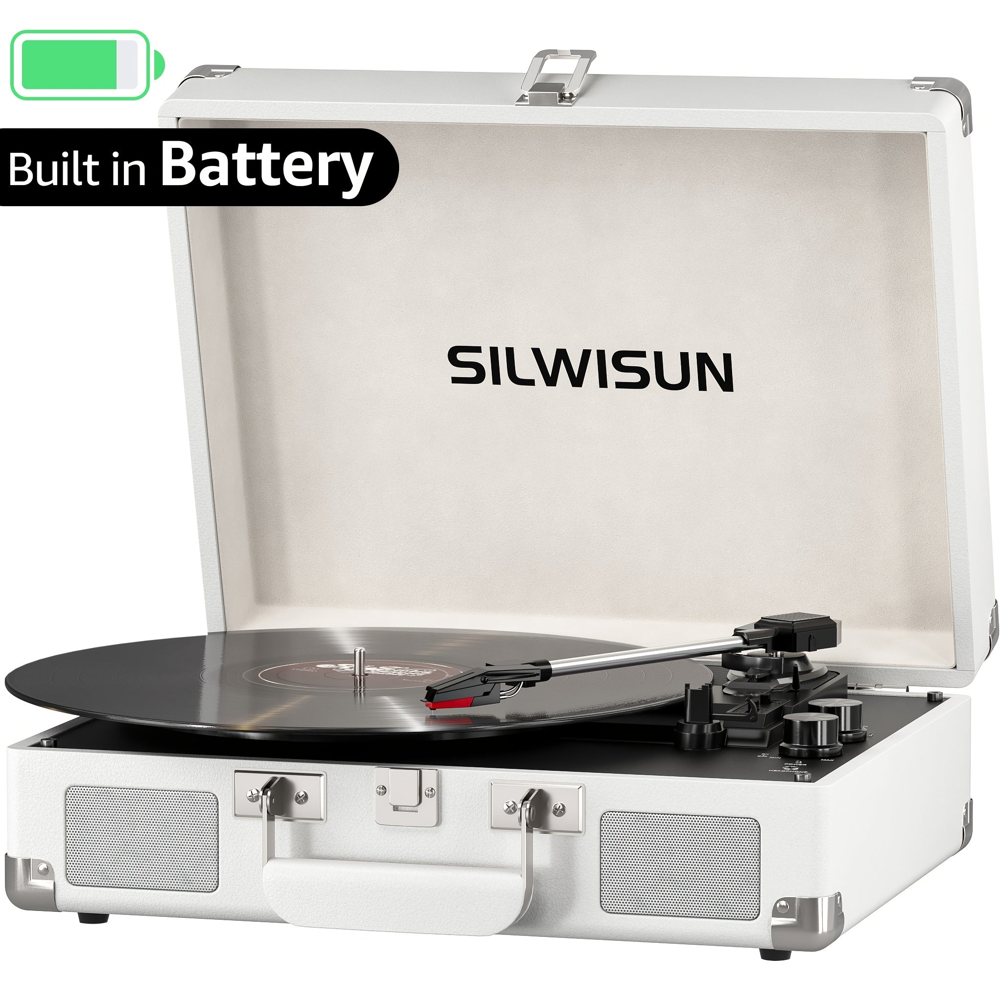 Portable Vinyl Record Player with Built‑In Speakers, Battery Powered, 3‑Speed Turntable, Wireless, Suitcase Design, 3.5 mm Headphone Jack, Aux In & RCA Out – Pink, Green, Brown, Black