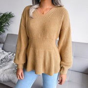 Women's Lantern Sleeve Waist-defined Hem Ruffle Knitted Sweater