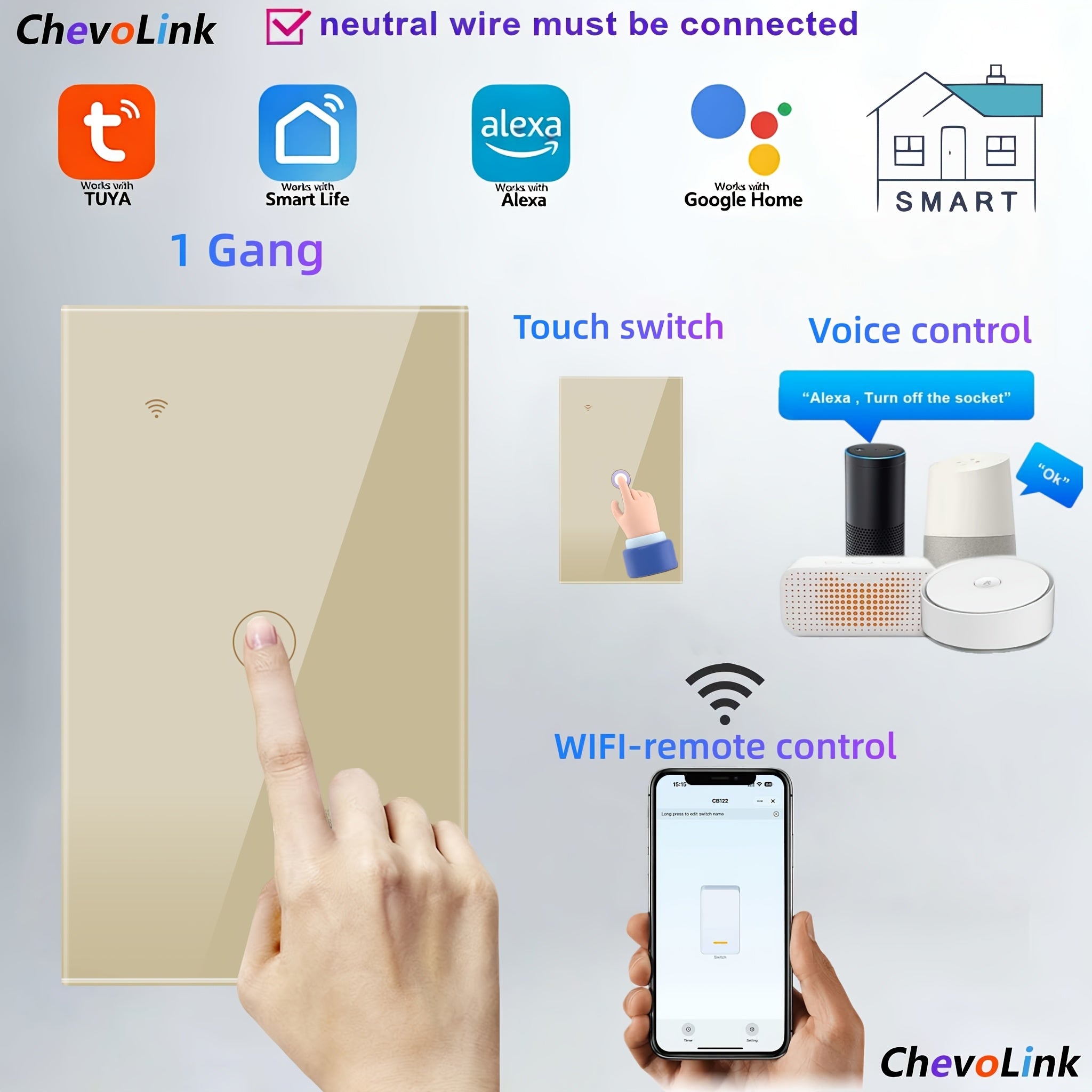 Smart Wi‑Fi Touch Light Switch with Scratch‑Resistant Tempered Glass Panel, 1‑4 Gang Options, 600 W per Gang, 100‑240 V