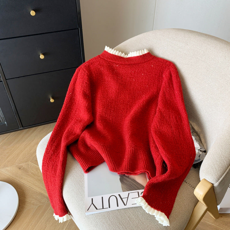 Women's Soft Glutinous Heart Buckle Red Sweater