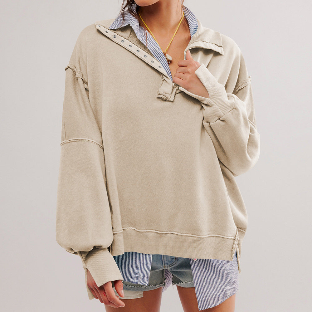 Chic Lantern Sleeve Split Lapel Pullover Sweater