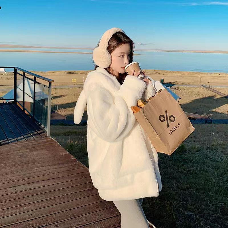 Plush Fleece Rabbit Ear Zip Hoodie for Women