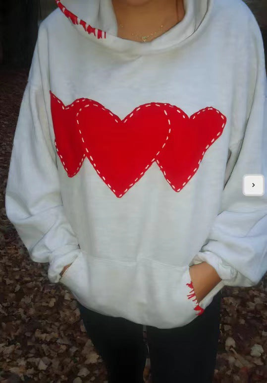 Women's Heart Print Brushed Fleece Drawstring Hoodie