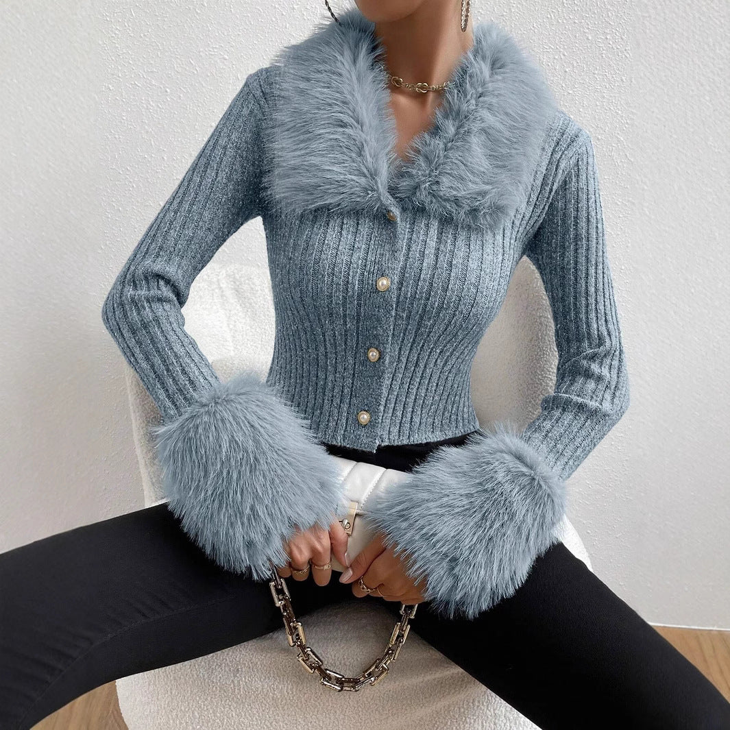 New V-neck Knitted Cardigan with a Slim Fit and a Fur-trimmed Collar