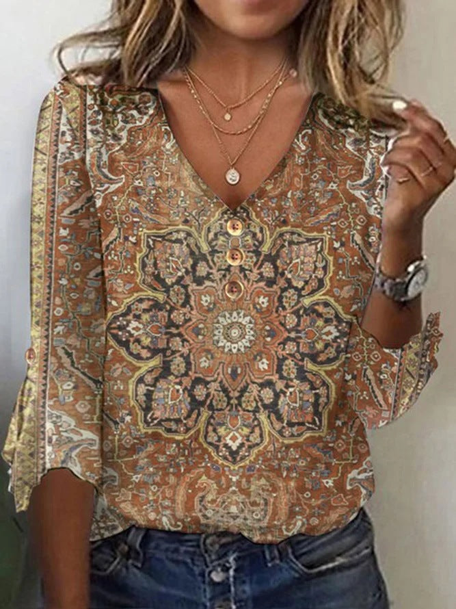 Floral V-Neck Flared Sleeve T-Shirt