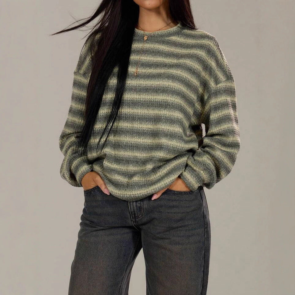 Casual Elegant Round Neck Striped Pullover Knitted Sweater