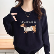 Cartoon Puppy Jacquard Crew-neck Pullover Sweater for Women Soft Cozy and Warm Knitted Base Layer Top
