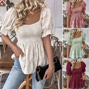 Floral Puff Sleeve Tunic Top – Defined Waist, Square Neck