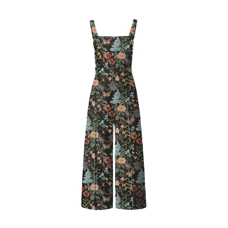 Suspender Trousers For Women Floral Print Buttons