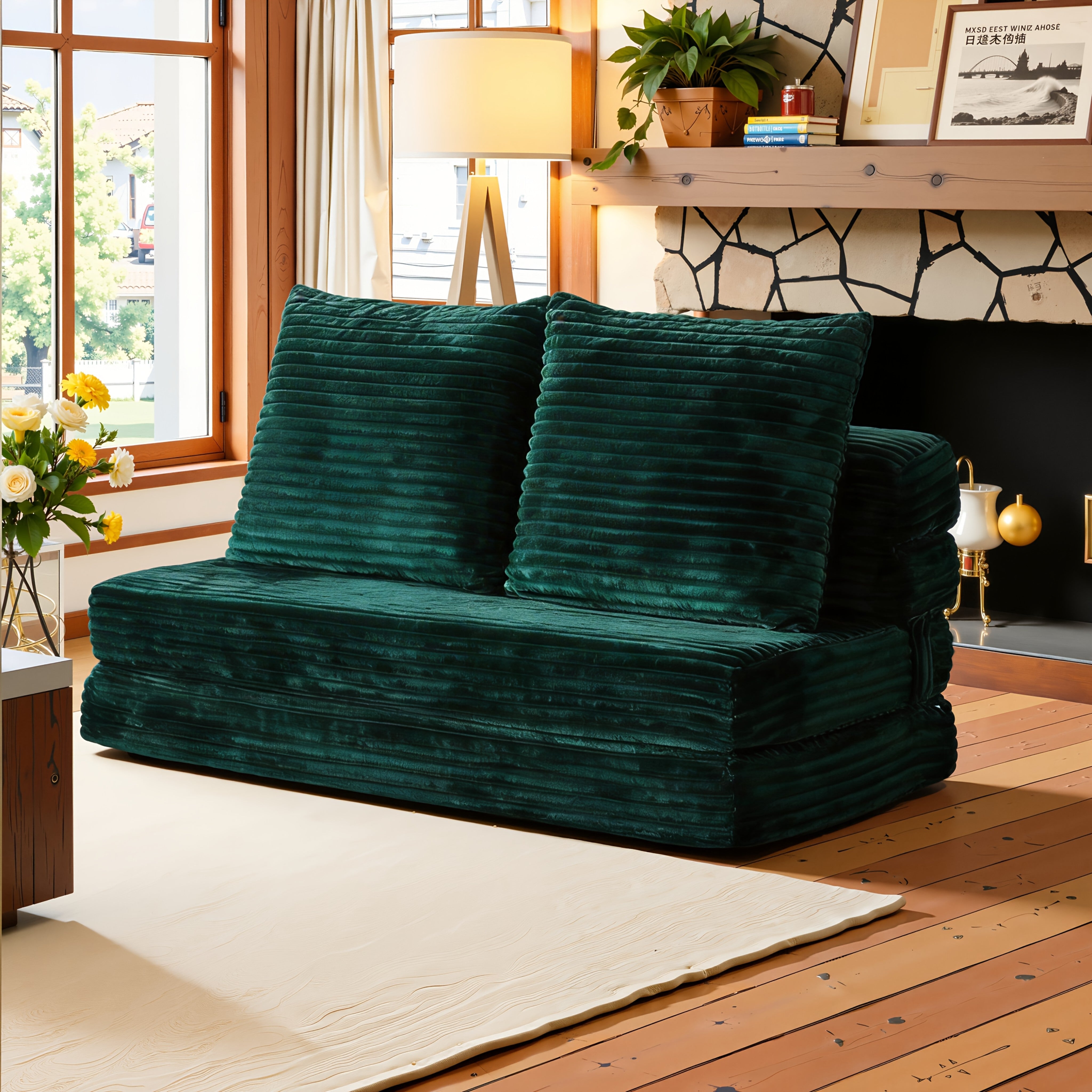 Modular L-shaped chaise longue sofa bed with deep seat and corduroy upholstery