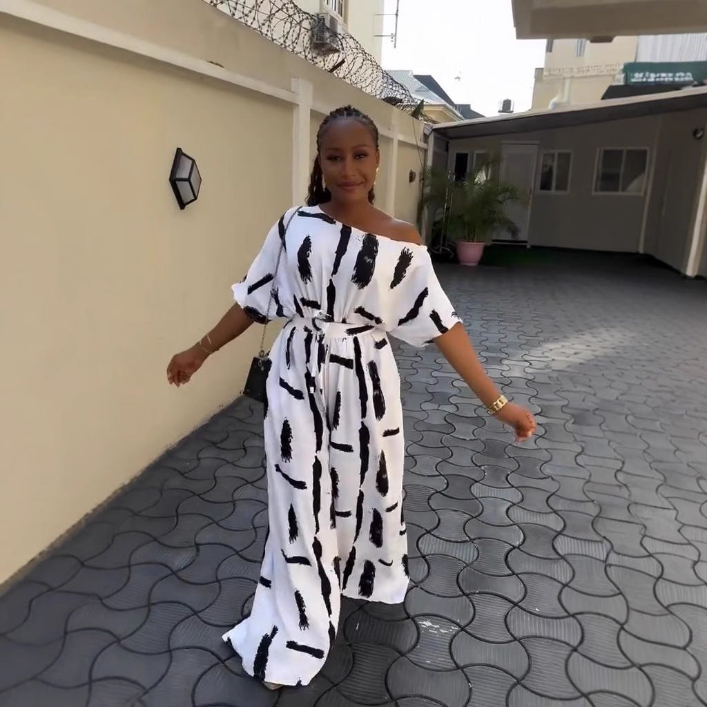 Off-shoulder Printed Short-sleeve Jumpsuit Womens Plus-size Top
