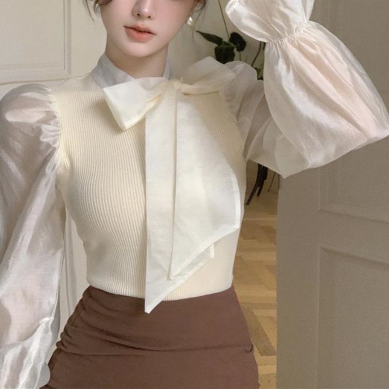Stand Collar Tie-up Slim-fit Temperament Wild Stitching Shirt