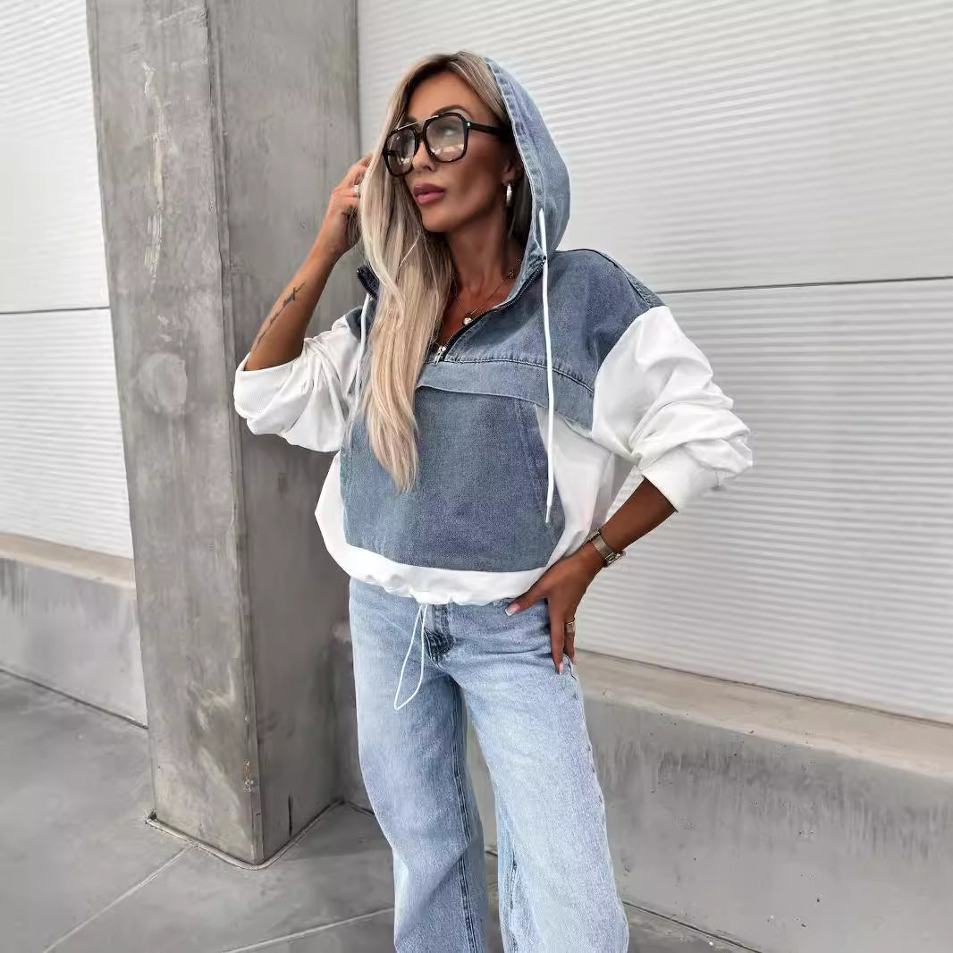 Casual Denim Patchwork Hooded Women's Sweatshirt